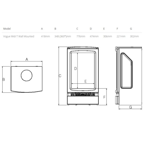 Gazco Vogue Midi T Wall Hung Electric Dimensions