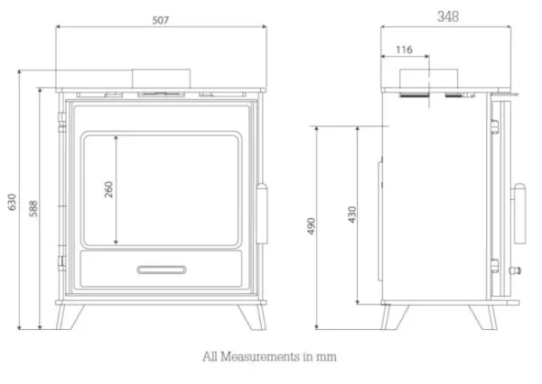 Pevex Bucklesham 50 FS Freestanding Multifuel Stove Dimensions