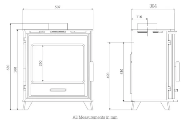 Pevex Bucklesham 40 FS Freestanding Multifuel Stove Dimensions